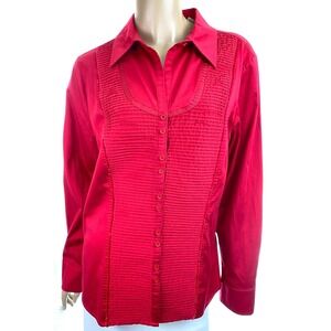 Worthington Red Blouse Long Sleeves Tiny Pin Tuck Ruffles Size 16 Button Front